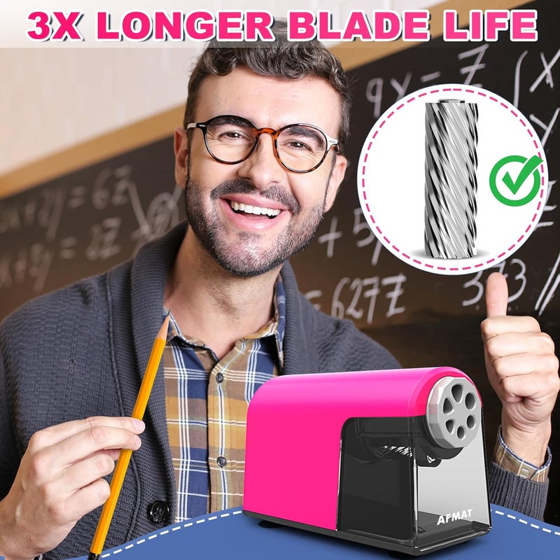 AFMAT PSX2 Electric Pencil Sharpener Heavy Duty, 6 Holes, Auto Stop Pencil Sharpeners for School, Classroom Electric Sharpener for 6-11mm Colored Pencils, Super Fast, 7000 Sharpenings, Pink - Image 4